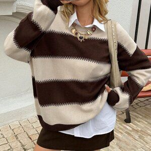 Coffee Brown Casual Women's Contrast Drop Shoulder Sweater
